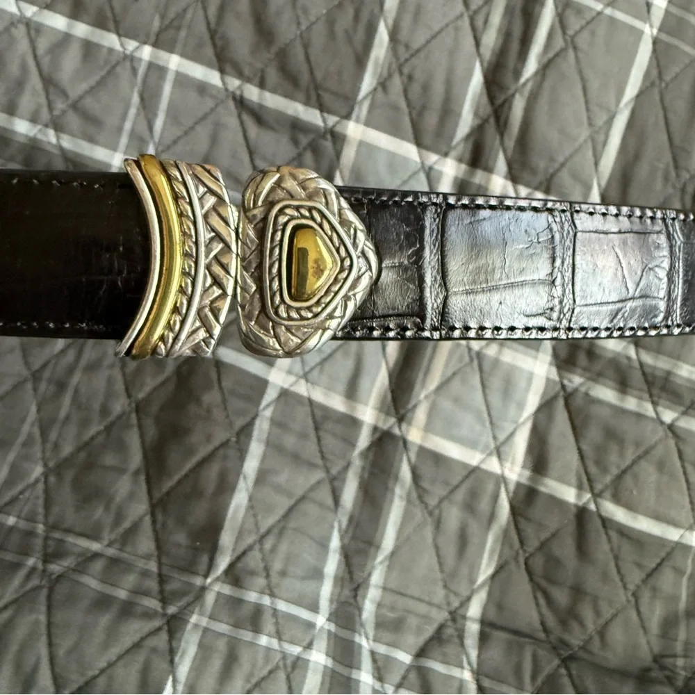 Brighton Marcus Two-Tone Reversible Brown & Black Leather Belt Silver Buckle M/L
